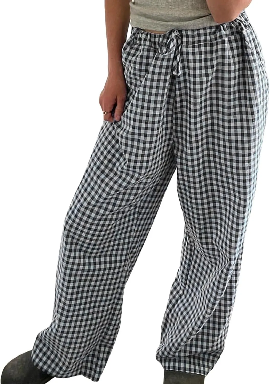 Women Plaid Striped Pants Elastic Waist Wide Leg Gingham Plaid Print Pajama Pants Casual Lounge Trousers