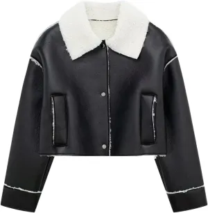 Women Short Leather Jacket Lapel Single Breasted Coat Vintage Biker Motorcycle Jackets