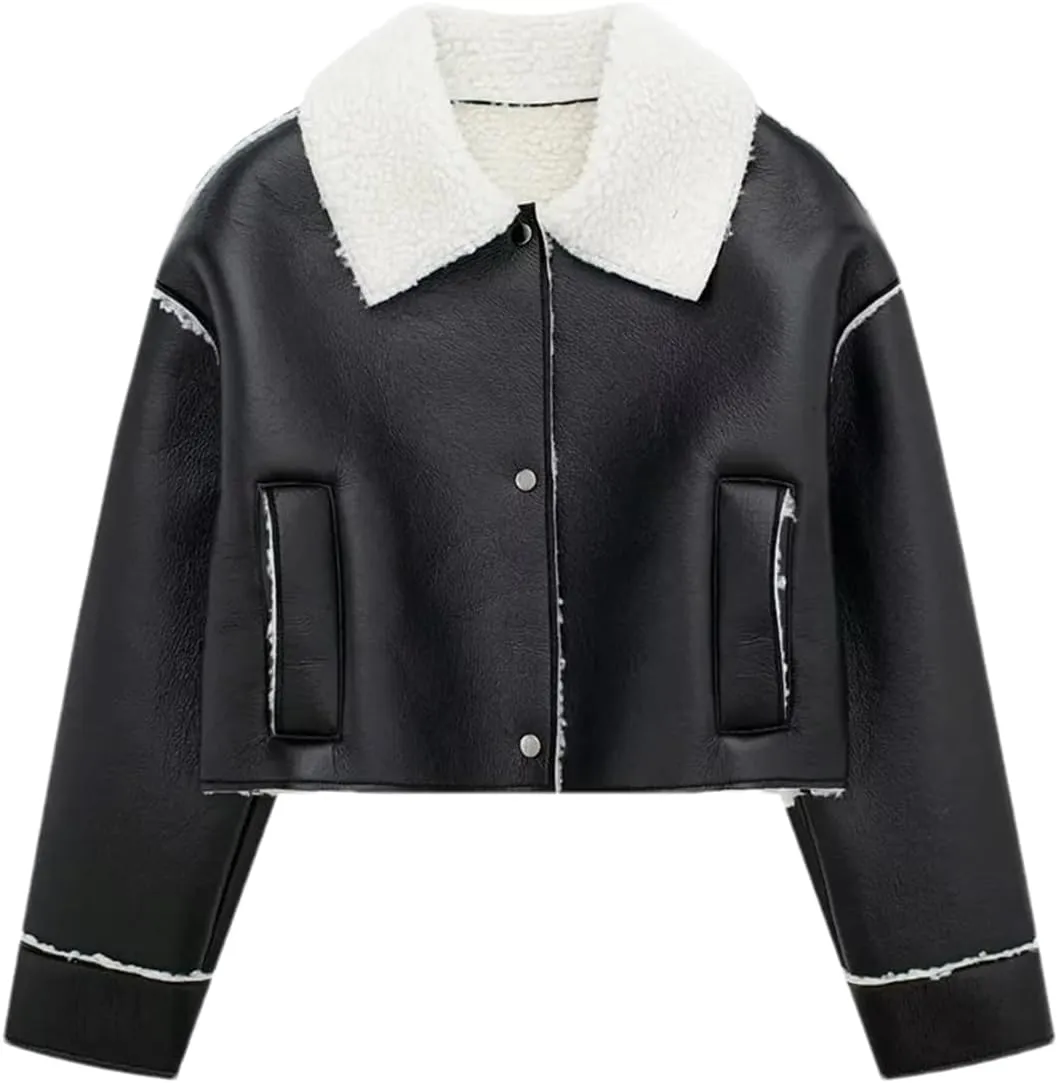 Women Short Leather Jacket Lapel Single Breasted Coat Vintage Biker Motorcycle Jackets