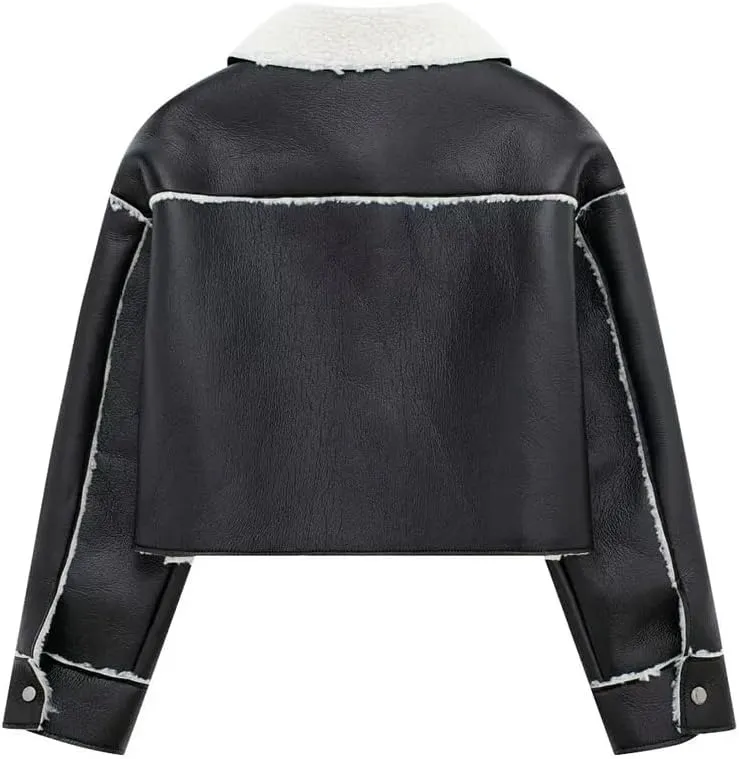 Women Short Leather Jacket Lapel Single Breasted Coat Vintage Biker Motorcycle Jackets