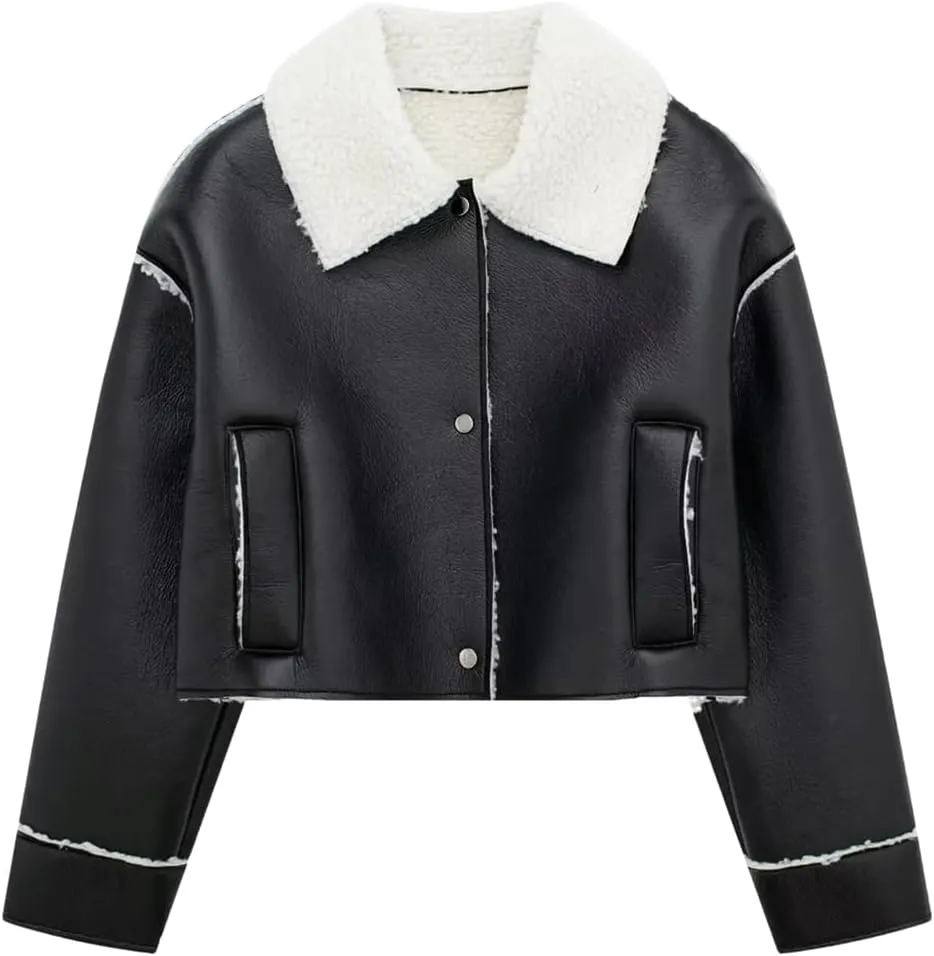 Women Short Leather Jacket Lapel Single Breasted Coat Vintage Biker Motorcycle Jackets