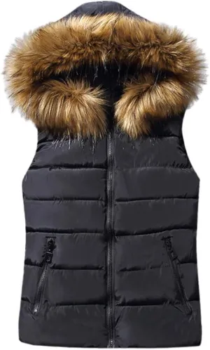 Women Short Outerwear Cotton-Padded Jackets Pocket Faux Hooded Vest Coats Basics Athletic Leggings