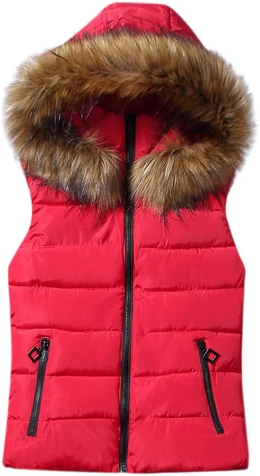 Women Short Outerwear Cotton-Padded Jackets Pocket Faux Hooded Vest Coats Basics Athletic Leggings