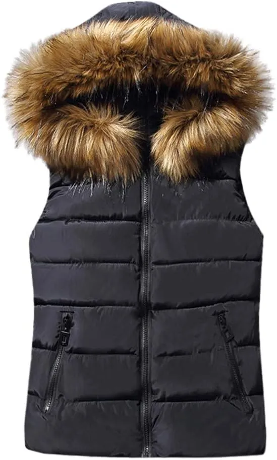 Women Short Outerwear Cotton-Padded Jackets Pocket Faux Hooded Vest Coats Basics Athletic Leggings