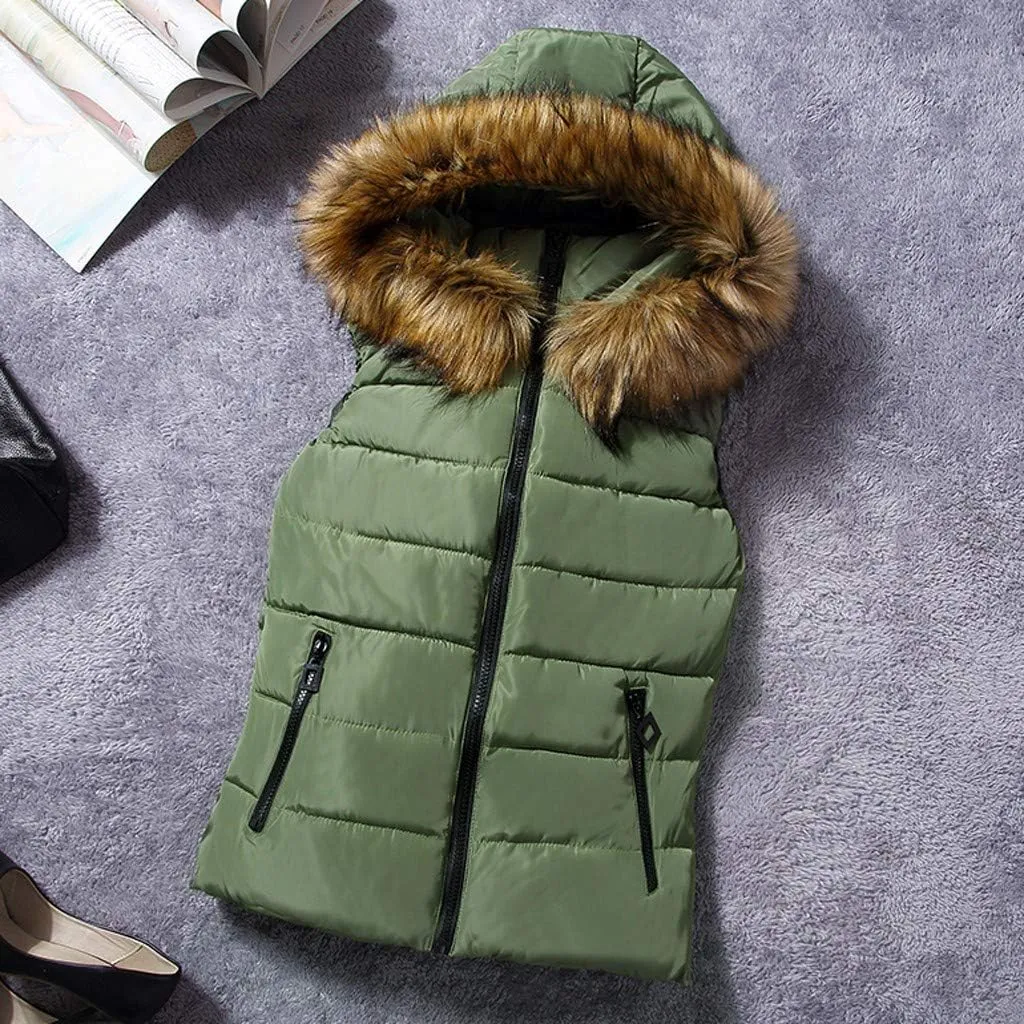 Women Short Outerwear Cotton-Padded Jackets Pocket Faux Hooded Vest Coats Basics Athletic Leggings