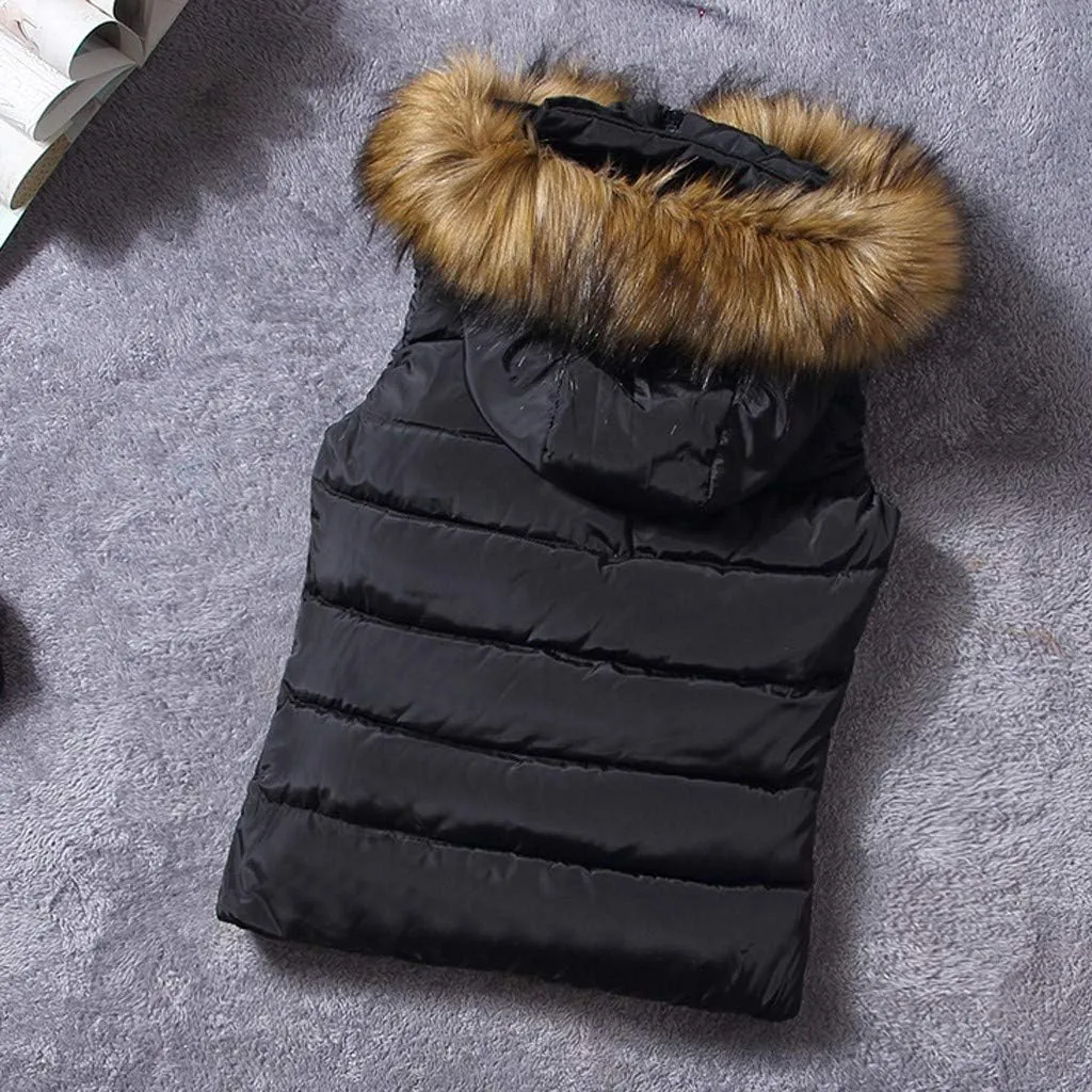 Women Short Outerwear Cotton-Padded Jackets Pocket Faux Hooded Vest Coats Basics Athletic Leggings
