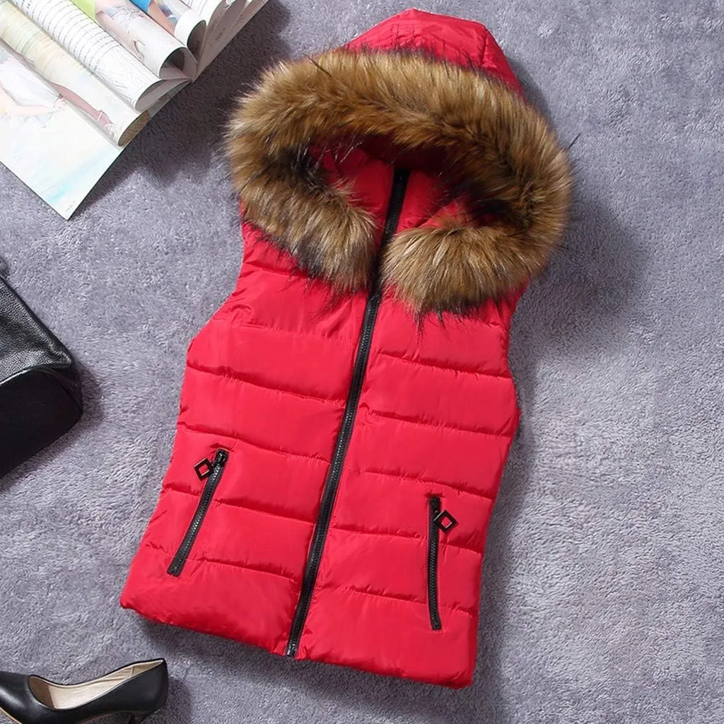 Women Short Outerwear Cotton-Padded Jackets Pocket Faux Hooded Vest Coats Basics Athletic Leggings