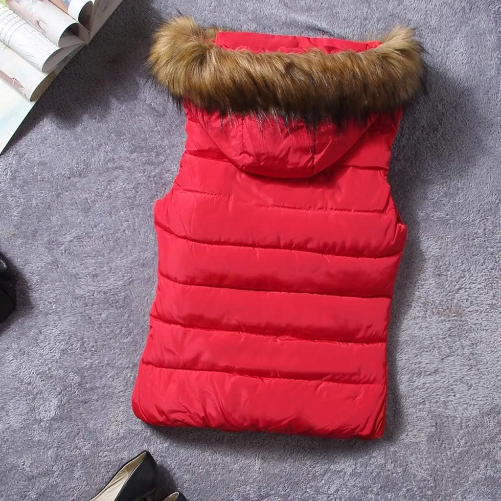 Women Short Outerwear Cotton-Padded Jackets Pocket Faux Hooded Vest Coats Basics Athletic Leggings