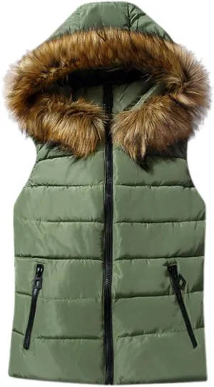 Women Short Outerwear Cotton-Padded Jackets Pocket Faux Hooded Vest Coats Basics Athletic Leggings