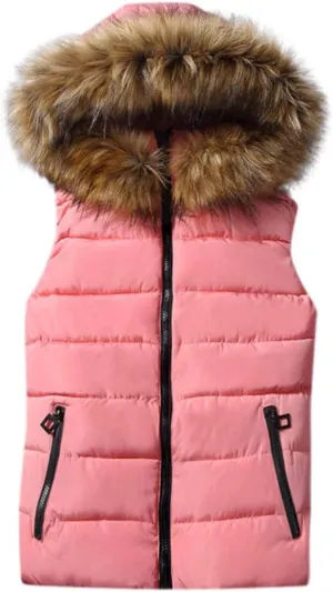 Women Short Outerwear Cotton-Padded Jackets Pocket Faux Hooded Vest Coats Basics Athletic Leggings
