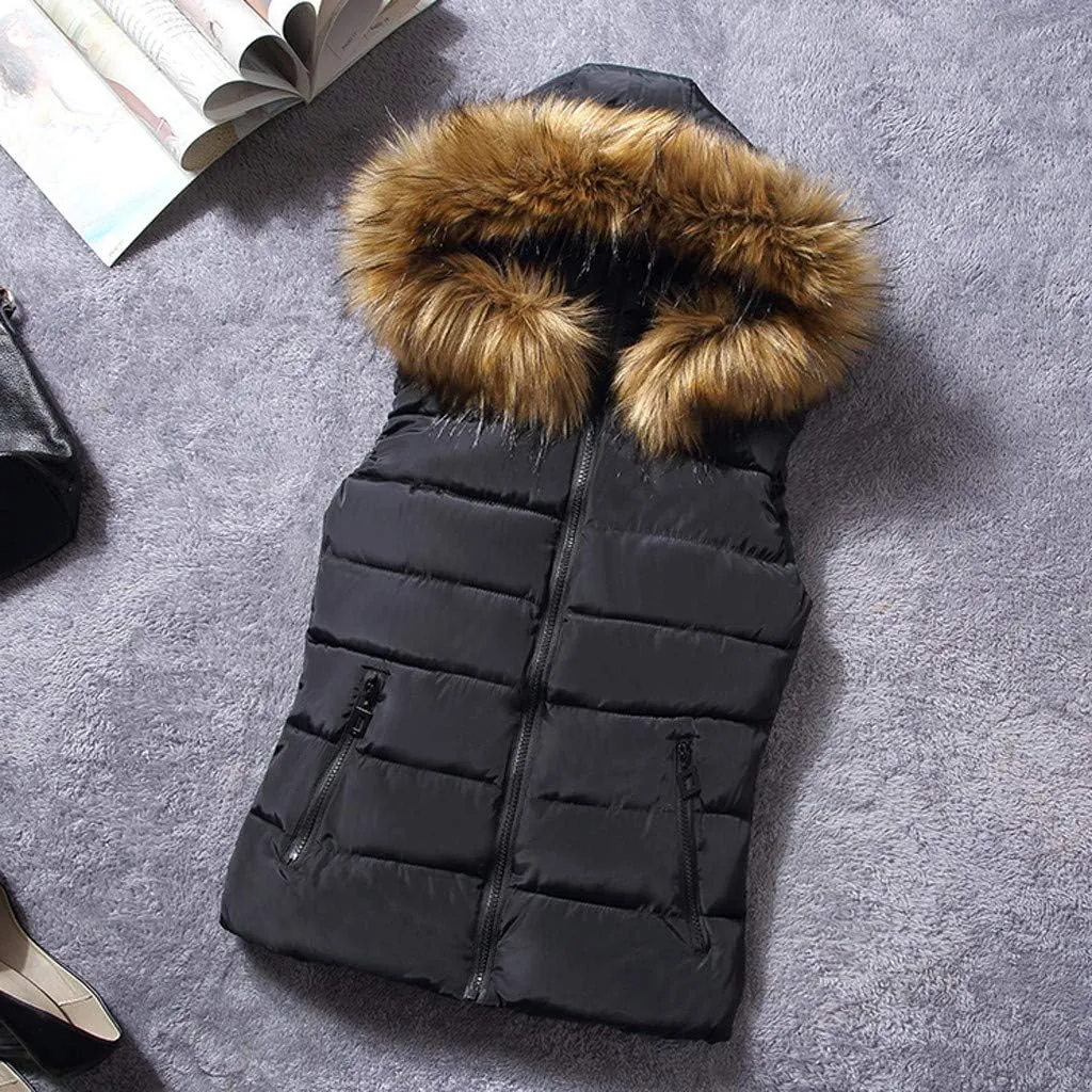 Women Short Outerwear Cotton-Padded Jackets Pocket Faux Hooded Vest Coats Basics Athletic Leggings