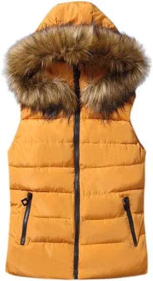 Women Short Outerwear Cotton-Padded Jackets Pocket Faux Hooded Vest Coats Basics Athletic Leggings