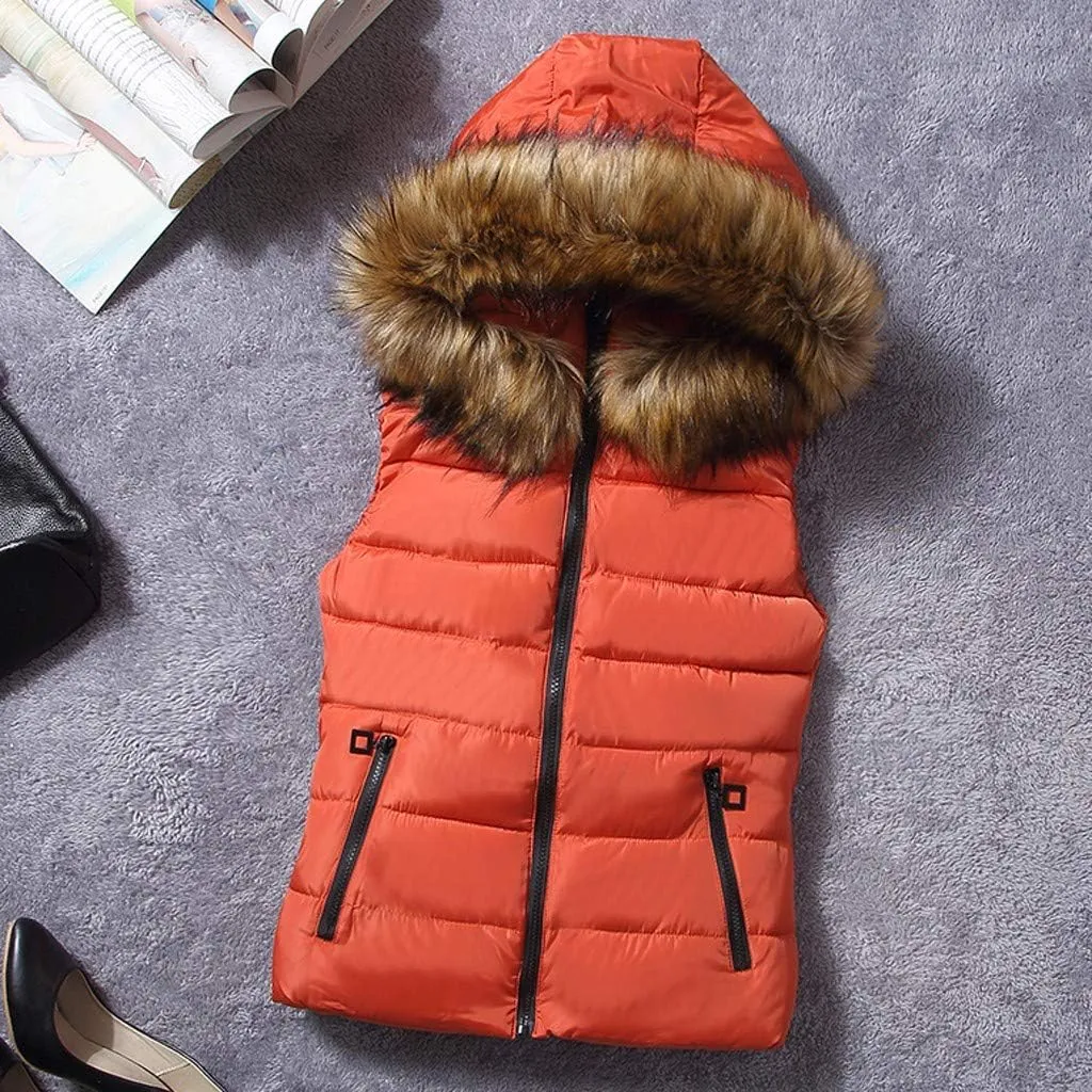 Women Short Outerwear Cotton-Padded Jackets Pocket Faux Hooded Vest Coats Basics Athletic Leggings