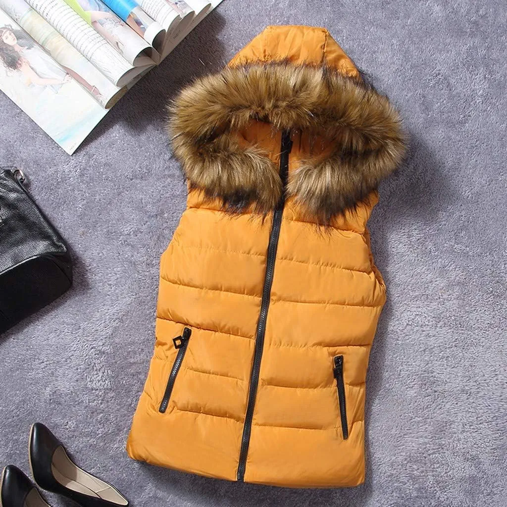 Women Short Outerwear Cotton-Padded Jackets Pocket Faux Hooded Vest Coats Basics Athletic Leggings
