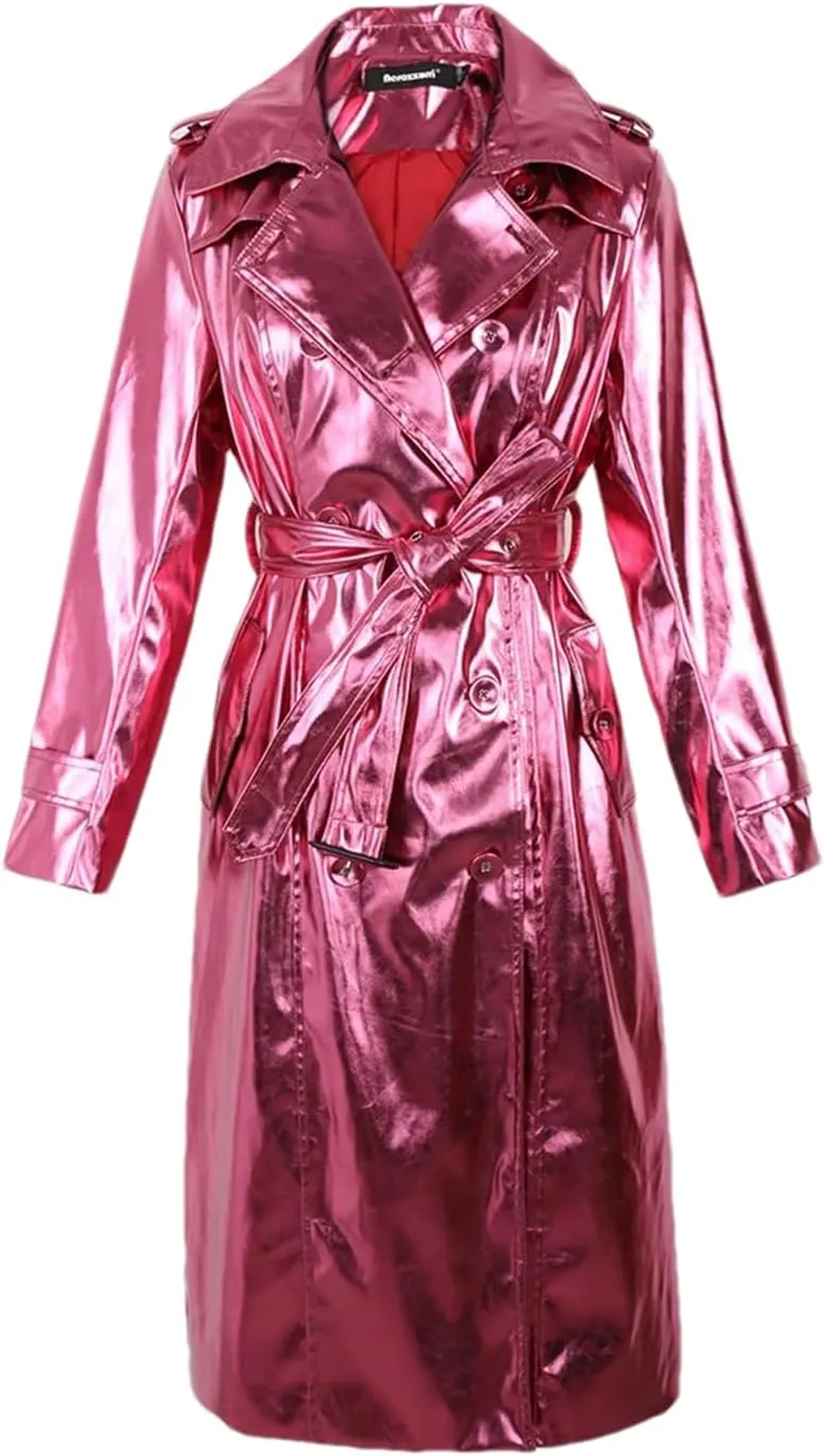 Women Spring Long Shiny Reflective Patent Leather Trench Coat Sashes Double Breasted Slim Fit Leather Jacket