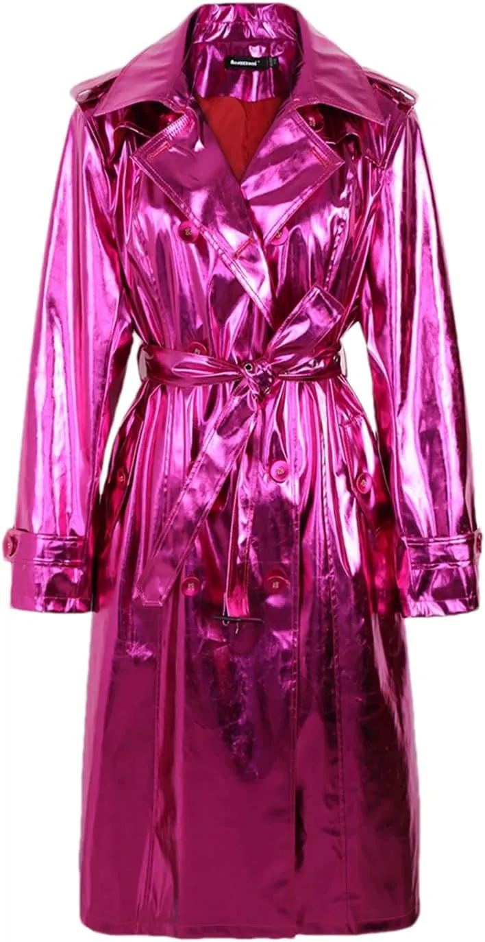 Women Spring Long Shiny Reflective Patent Leather Trench Coat Sashes Double Breasted Slim Fit Leather Jacket