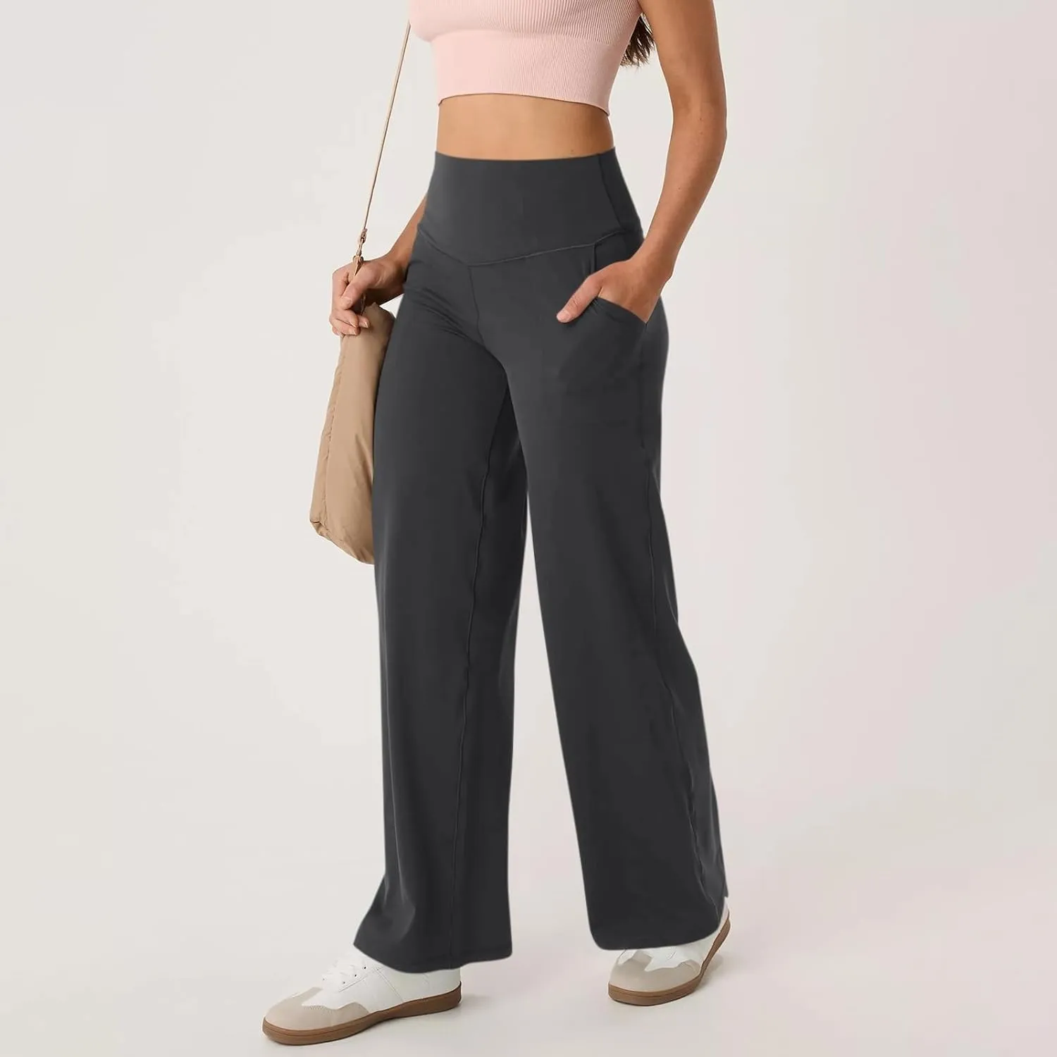 Women Wide Leg Yoga Pants Stretch High Waist Straight Leg Dress Pants Tummy Control Sports Flare Leggings with Pocket
