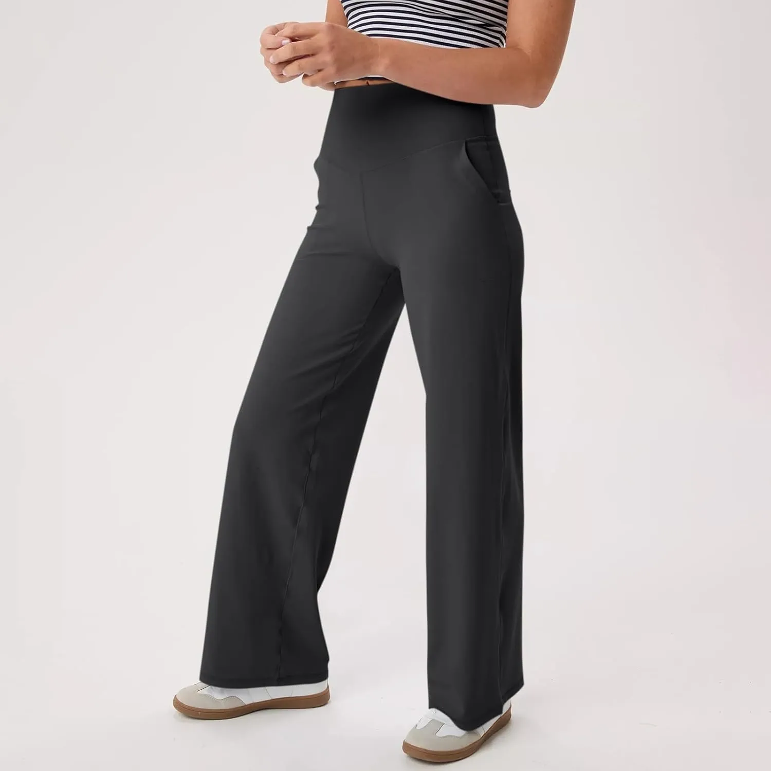 Women Wide Leg Yoga Pants Stretch High Waist Straight Leg Dress Pants Tummy Control Sports Flare Leggings with Pocket