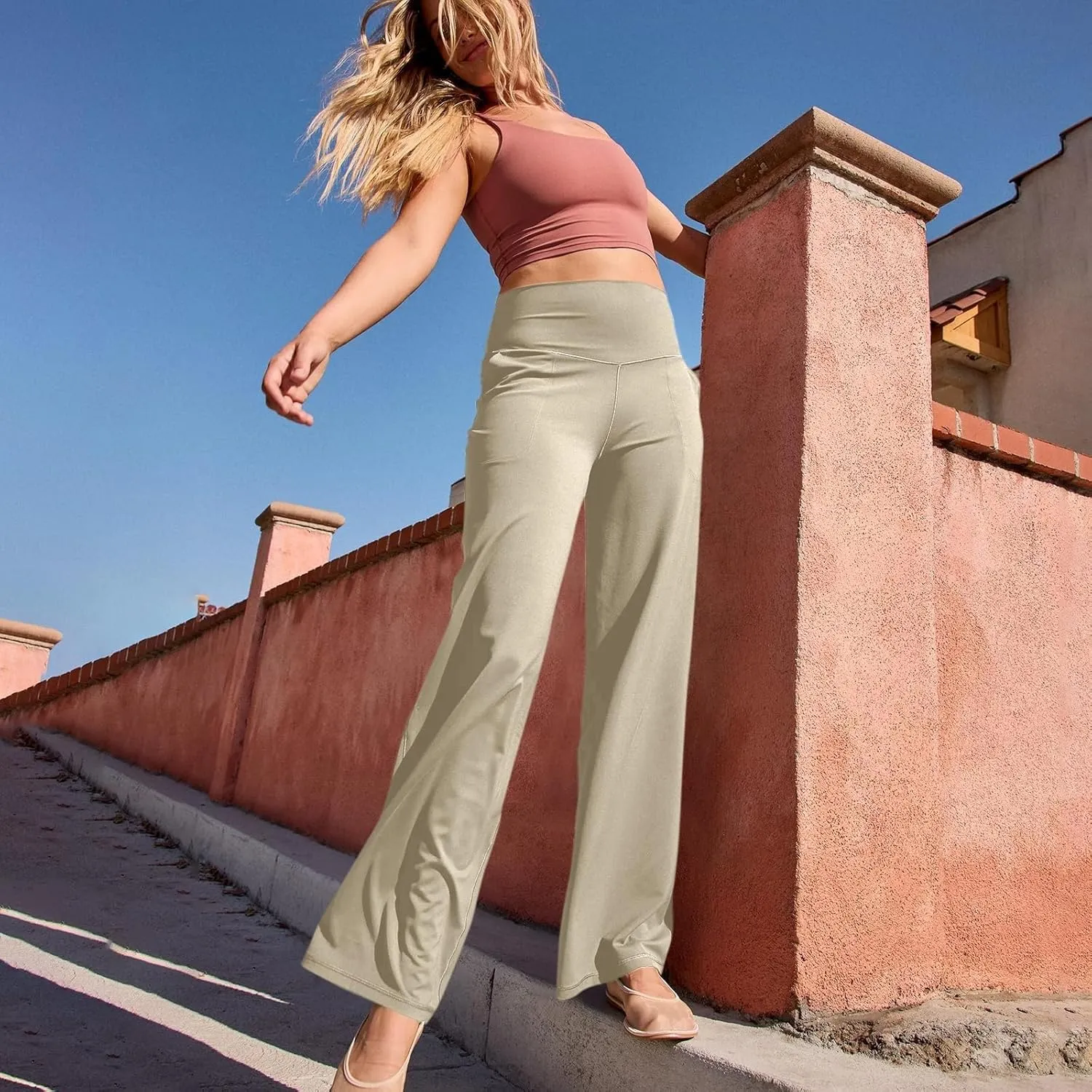Women Wide Leg Yoga Pants Stretch High Waist Straight Leg Dress Pants Tummy Control Sports Flare Leggings with Pocket