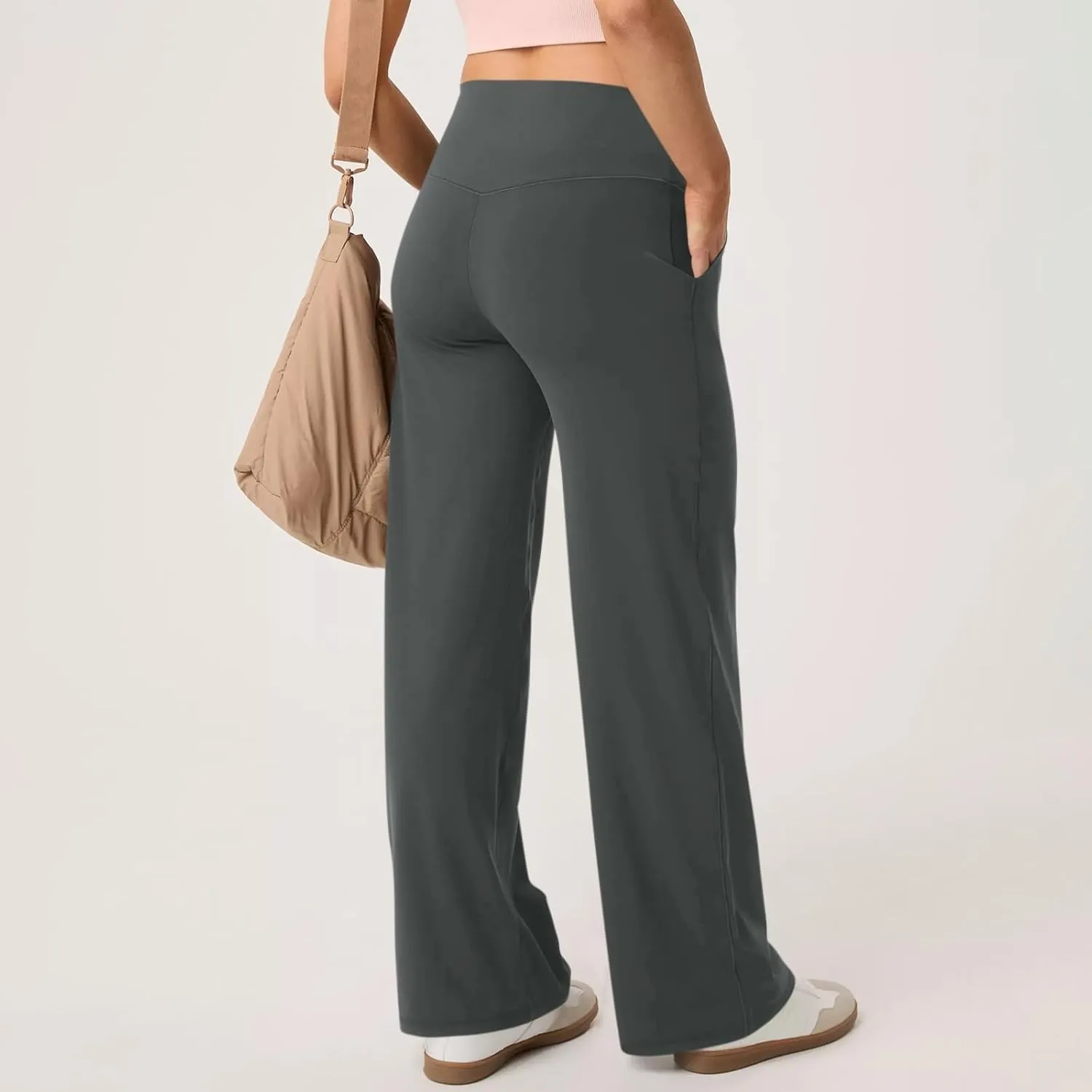 Women Wide Leg Yoga Pants Stretch High Waist Straight Leg Dress Pants Tummy Control Sports Flare Leggings with Pocket