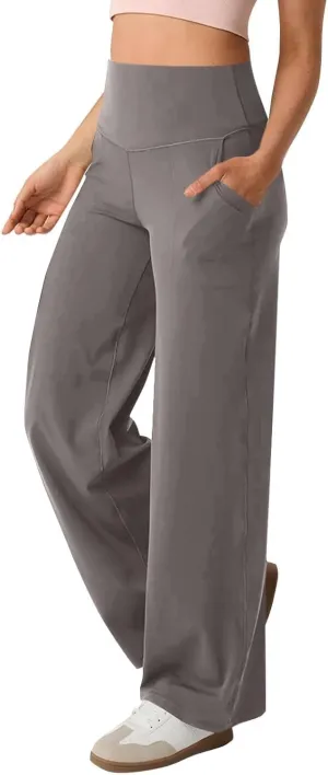Women Wide Leg Yoga Pants Stretch High Waist Straight Leg Dress Pants Tummy Control Sports Flare Leggings with Pocket