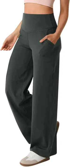 Women Wide Leg Yoga Pants Stretch High Waist Straight Leg Dress Pants Tummy Control Sports Flare Leggings with Pocket