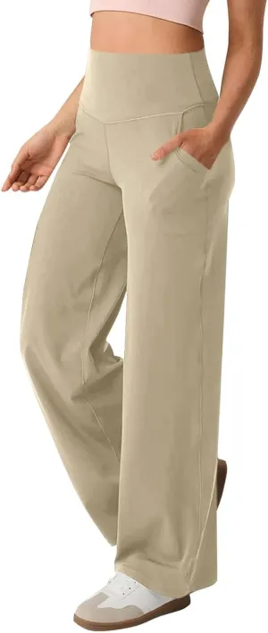 Women Wide Leg Yoga Pants Stretch High Waist Straight Leg Dress Pants Tummy Control Sports Flare Leggings with Pocket