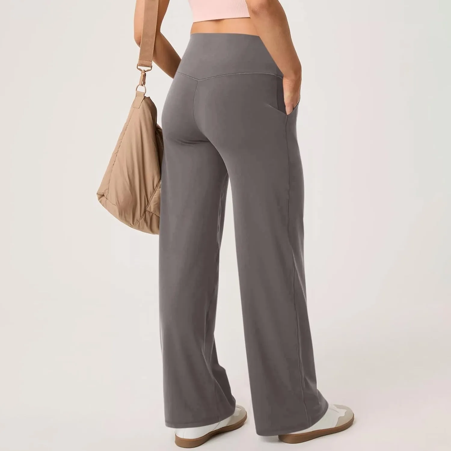 Women Wide Leg Yoga Pants Stretch High Waist Straight Leg Dress Pants Tummy Control Sports Flare Leggings with Pocket