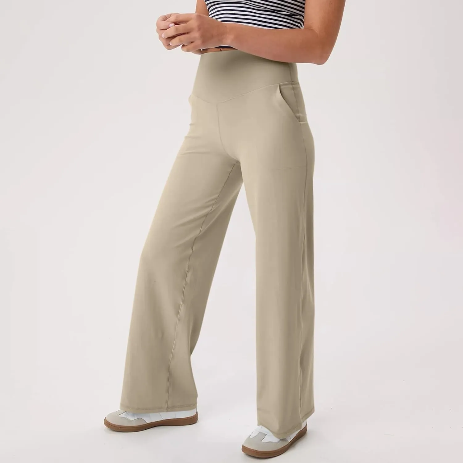 Women Wide Leg Yoga Pants Stretch High Waist Straight Leg Dress Pants Tummy Control Sports Flare Leggings with Pocket