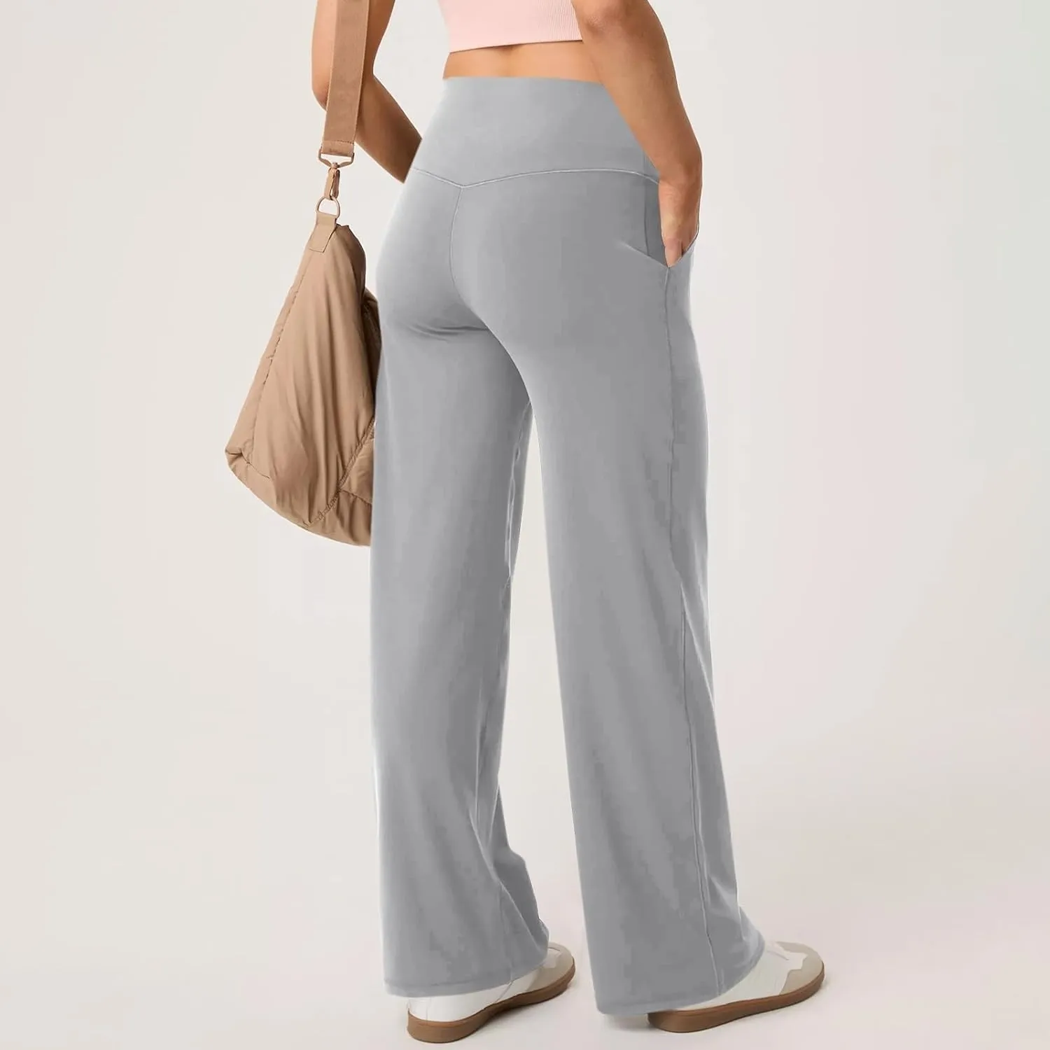 Women Wide Leg Yoga Pants Stretch High Waist Straight Leg Dress Pants Tummy Control Sports Flare Leggings with Pocket