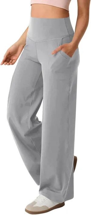 Women Wide Leg Yoga Pants Stretch High Waist Straight Leg Dress Pants Tummy Control Sports Flare Leggings with Pocket
