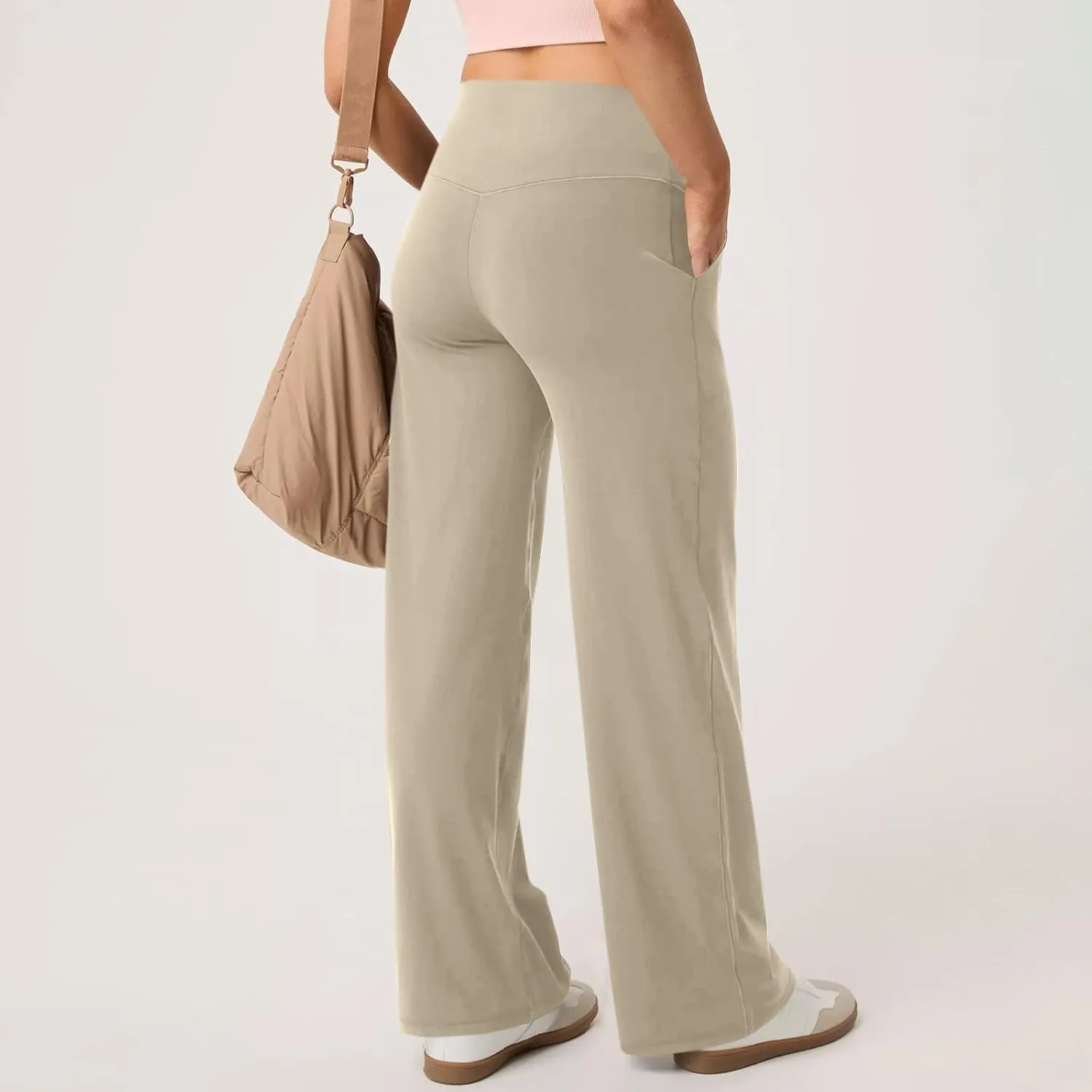 Women Wide Leg Yoga Pants Stretch High Waist Straight Leg Dress Pants Tummy Control Sports Flare Leggings with Pocket