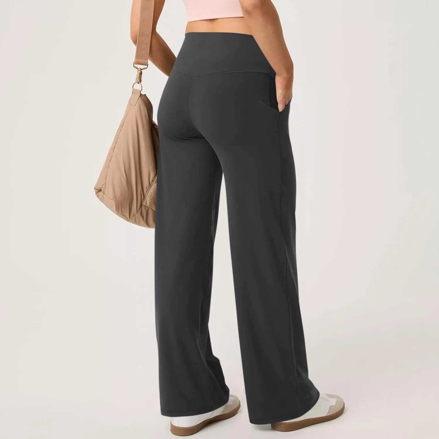 Women Wide Leg Yoga Pants Stretch High Waist Straight Leg Dress Pants Tummy Control Sports Flare Leggings with Pocket