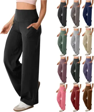 Women Wide Leg Yoga Pants Stretch High Waist Straight Leg Dress Pants Tummy Control Sports Flare Leggings with Pocket