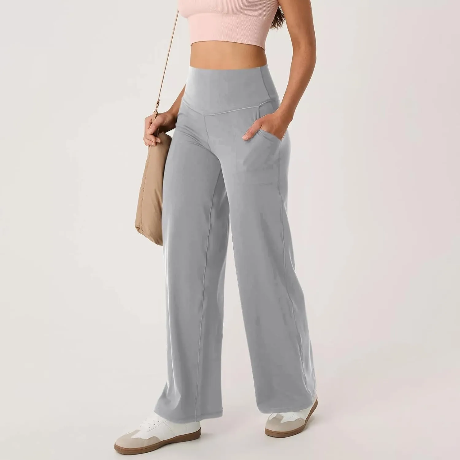 Women Wide Leg Yoga Pants Stretch High Waist Straight Leg Dress Pants Tummy Control Sports Flare Leggings with Pocket