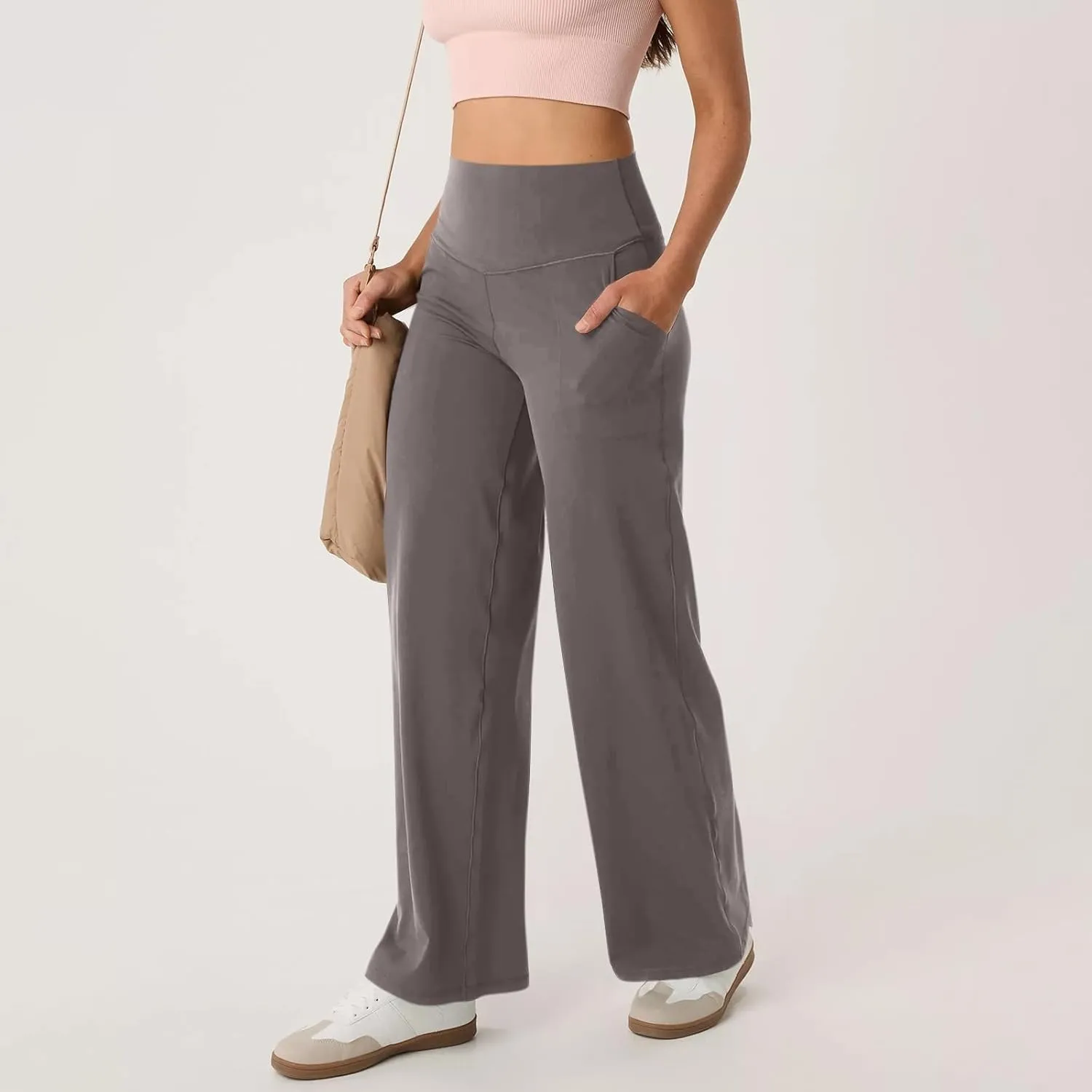 Women Wide Leg Yoga Pants Stretch High Waist Straight Leg Dress Pants Tummy Control Sports Flare Leggings with Pocket