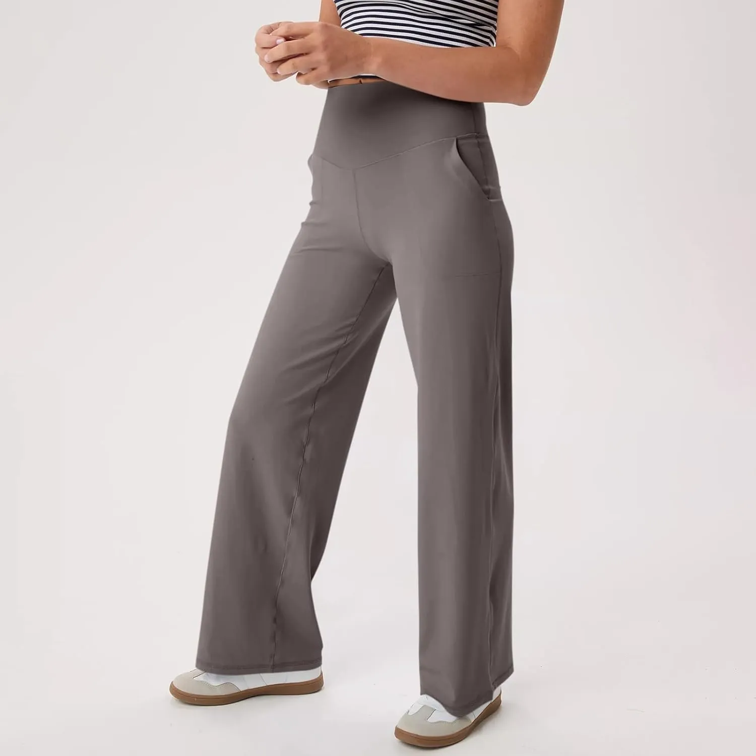 Women Wide Leg Yoga Pants Stretch High Waist Straight Leg Dress Pants Tummy Control Sports Flare Leggings with Pocket