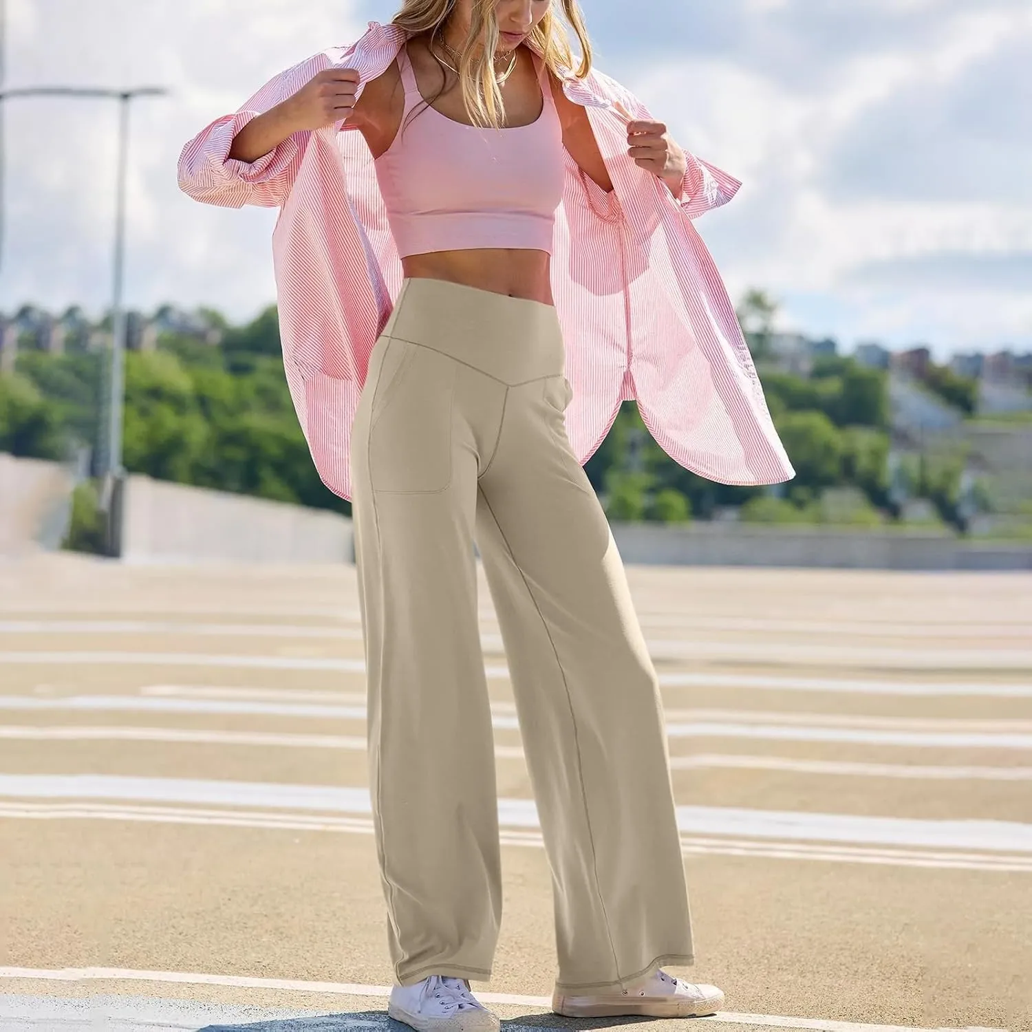 Women Wide Leg Yoga Pants Stretch High Waist Straight Leg Dress Pants Tummy Control Sports Flare Leggings with Pocket