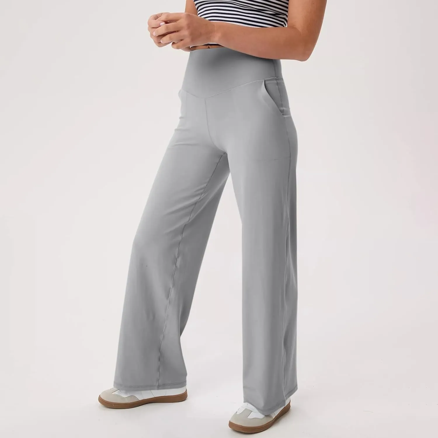 Women Wide Leg Yoga Pants Stretch High Waist Straight Leg Dress Pants Tummy Control Sports Flare Leggings with Pocket