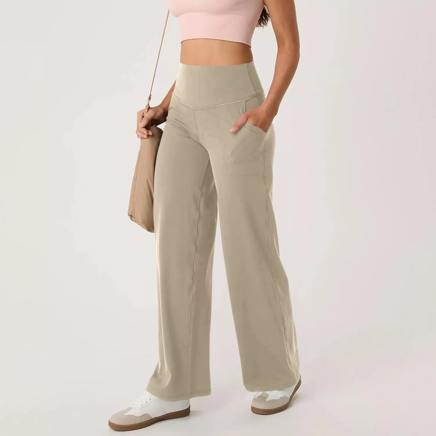 Women Wide Leg Yoga Pants Stretch High Waist Straight Leg Dress Pants Tummy Control Sports Flare Leggings with Pocket