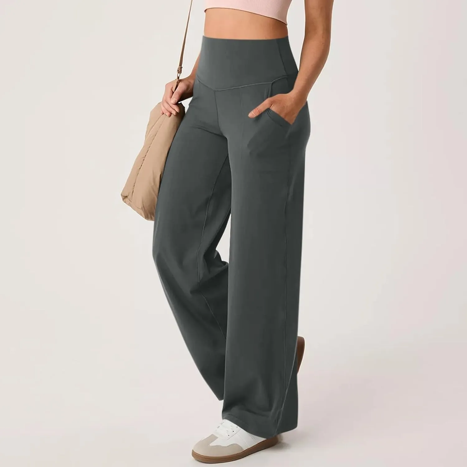 Women Wide Leg Yoga Pants with Pockets Stretch Straight Leg Dress Pant Tummy Summer Pants for Women Casual