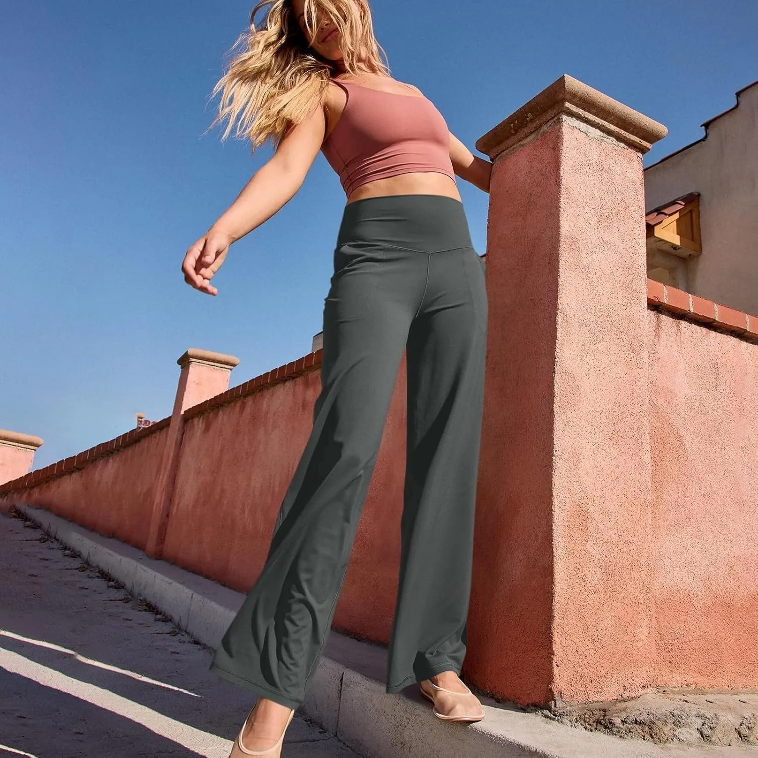 Women Wide Leg Yoga Pants with Pockets Stretch Straight Leg Dress Pant Tummy Summer Pants for Women Casual