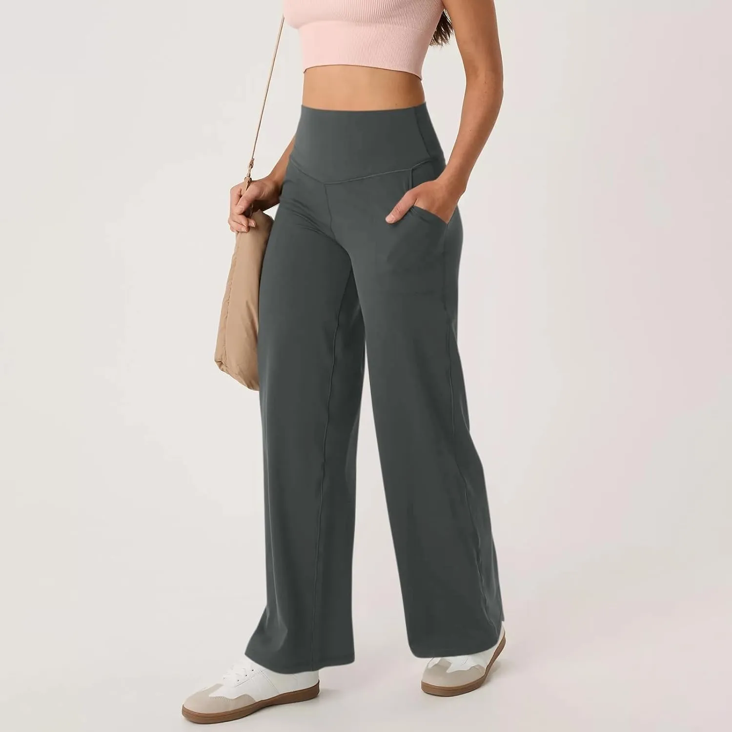Women Wide Leg Yoga Pants with Pockets Stretch Straight Leg Dress Pant Tummy Summer Pants for Women Casual