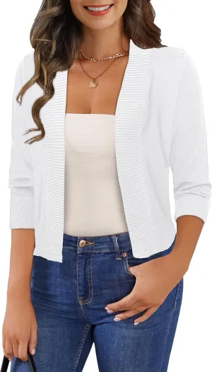 Women's 3/4 Sleeve Cropped Cardigan Sweaters Open Front Bolero Short Shrugs S-XL
