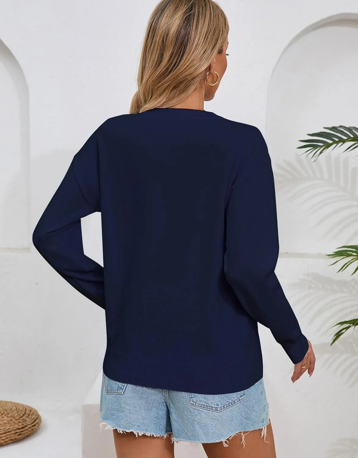 Womens American Flag Sweater, Long Sleeve Crewneck Colorblock Striped Pullover with Drop Shoulder - Casual Knitted Sweaters
