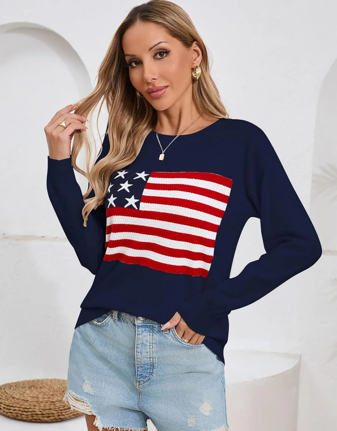 Womens American Flag Sweater, Long Sleeve Crewneck Colorblock Striped Pullover with Drop Shoulder - Casual Knitted Sweaters