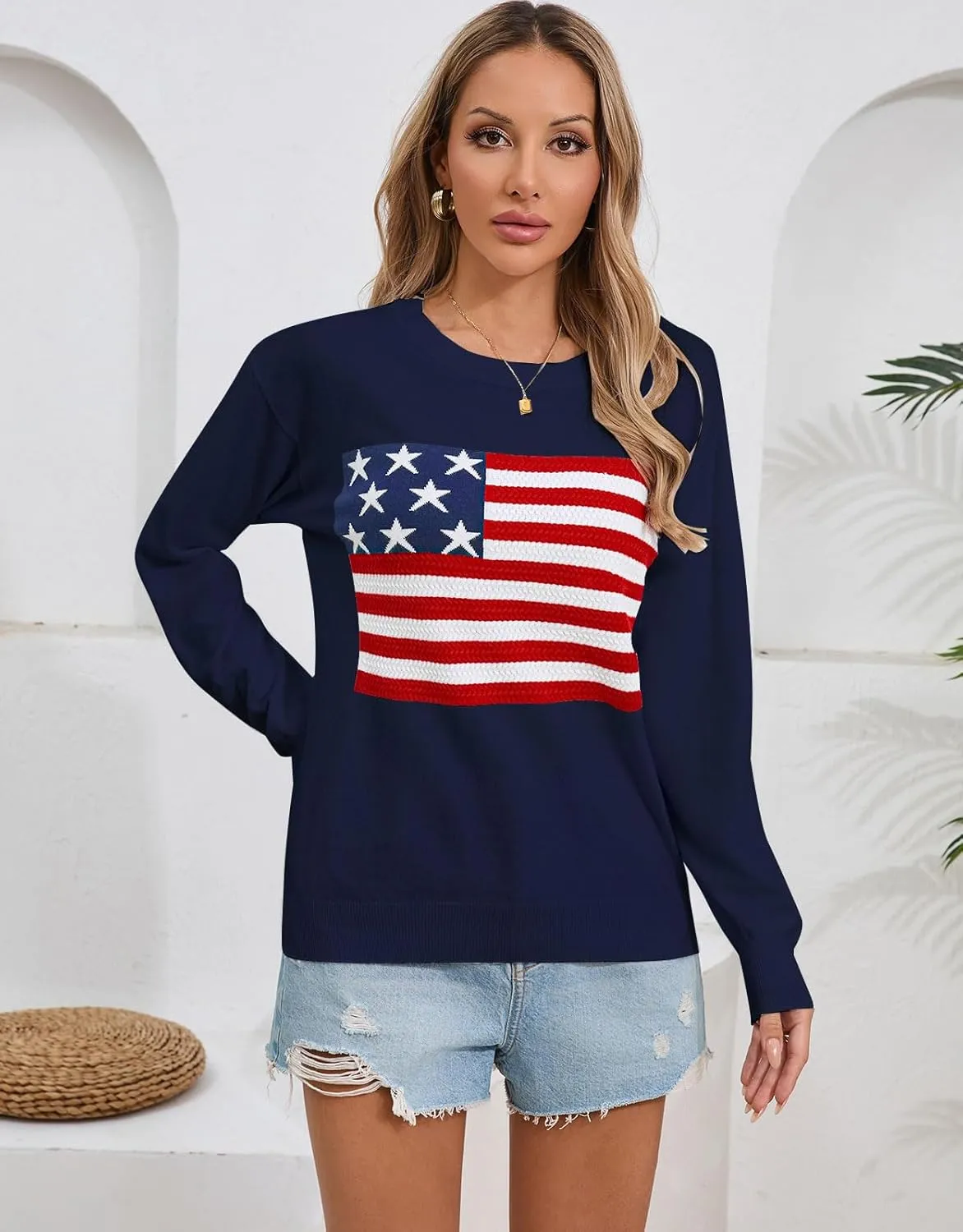 Womens American Flag Sweater, Long Sleeve Crewneck Colorblock Striped Pullover with Drop Shoulder - Casual Knitted Sweaters