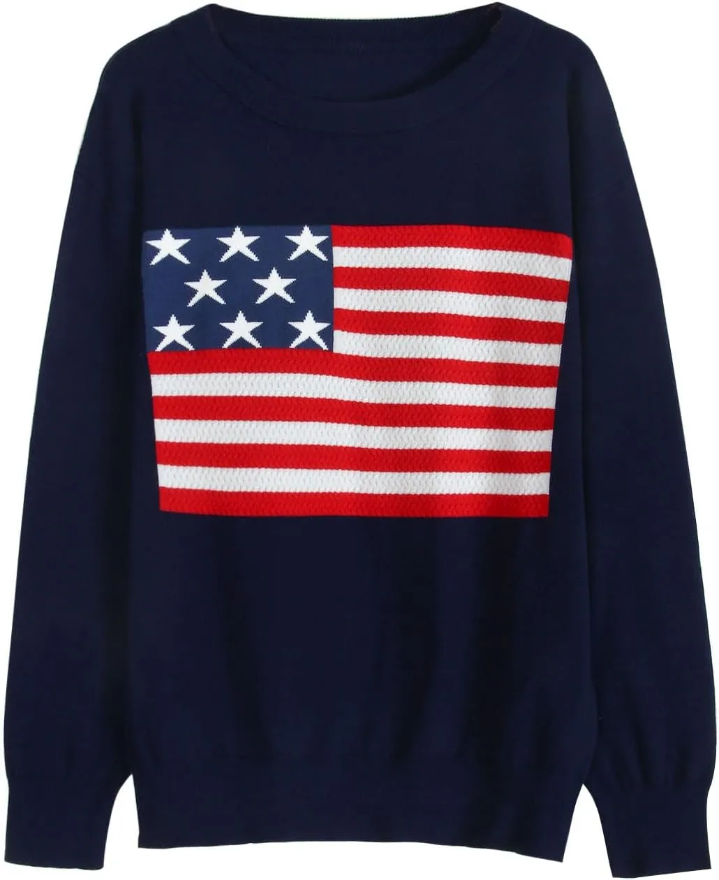 Womens American Flag Sweater, Long Sleeve Crewneck Colorblock Striped Pullover with Drop Shoulder - Casual Knitted Sweaters