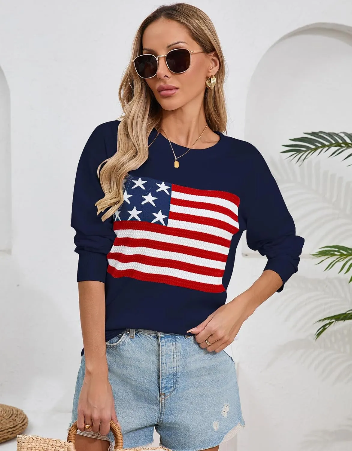 Womens American Flag Sweater, Long Sleeve Crewneck Colorblock Striped Pullover with Drop Shoulder - Casual Knitted Sweaters