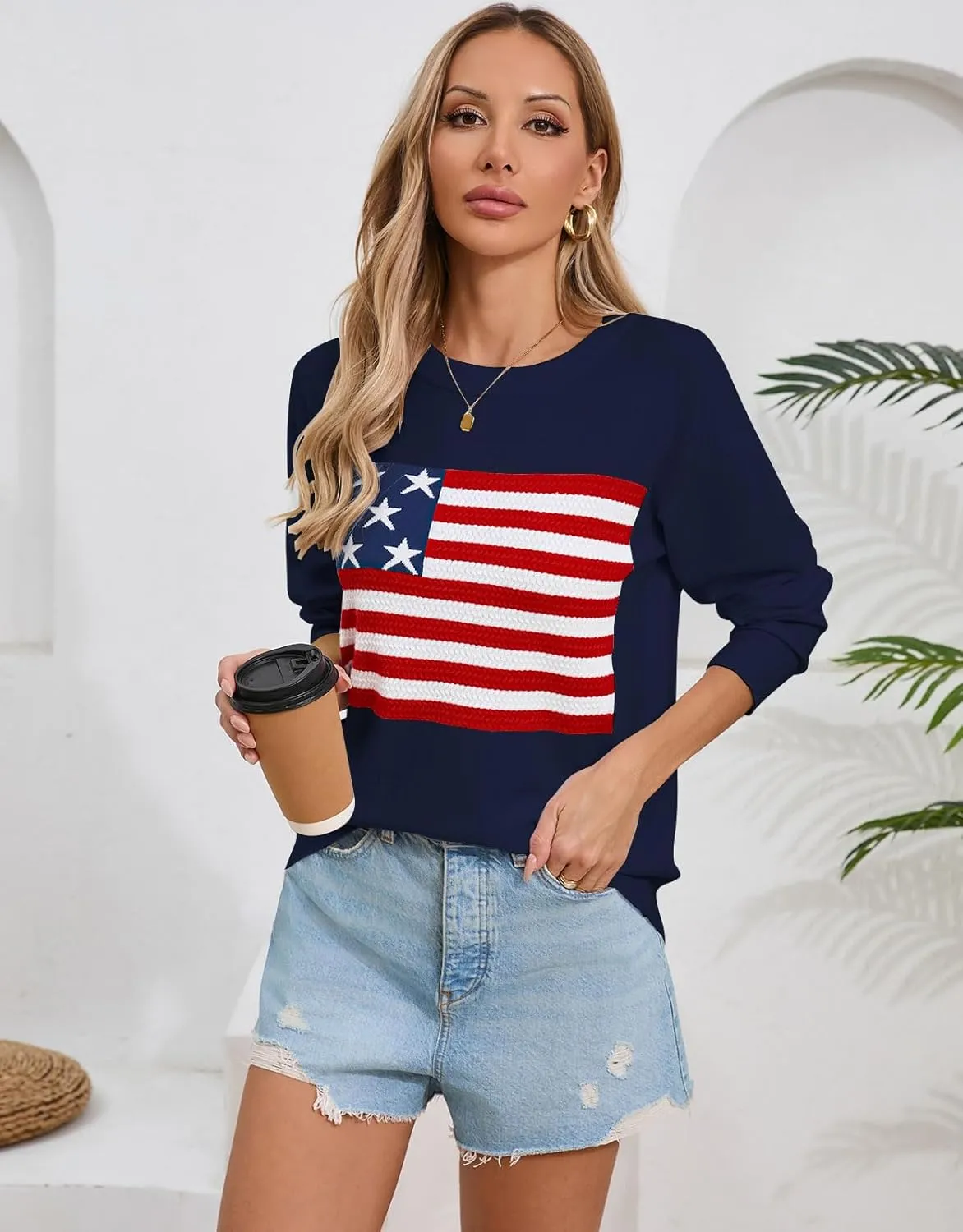 Womens American Flag Sweater, Long Sleeve Crewneck Colorblock Striped Pullover with Drop Shoulder - Casual Knitted Sweaters